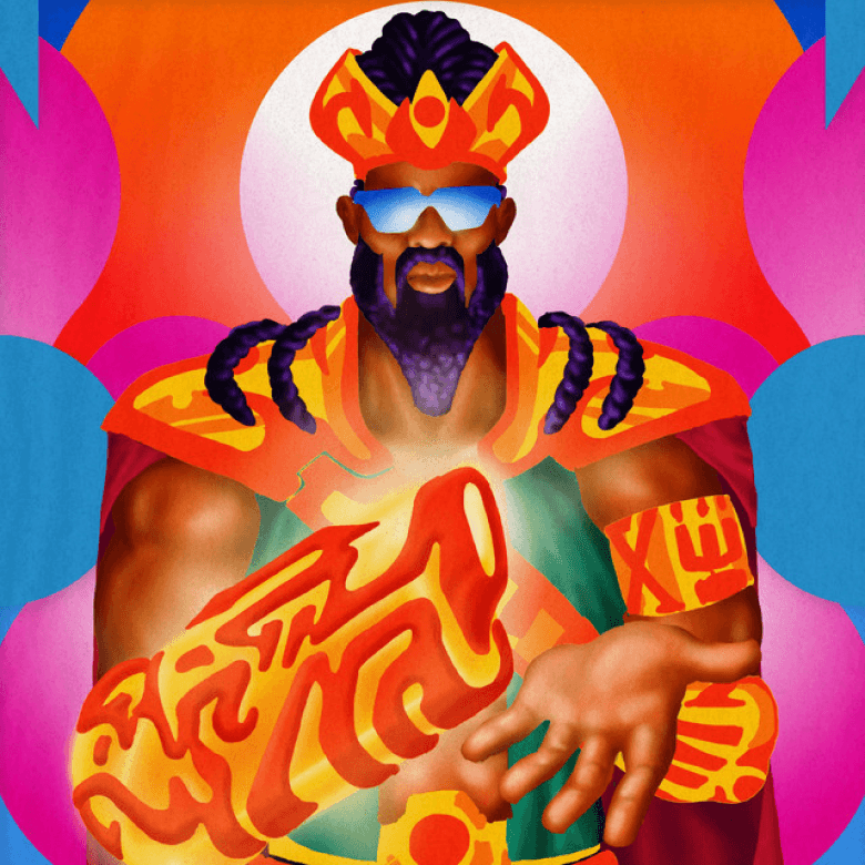 Illustrated album artwork of a crowned figure in vivid orange and pink