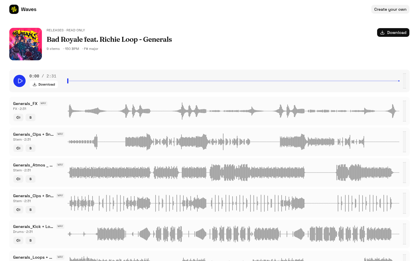 Waves player showing a song's stems as synced waveforms